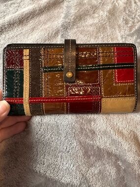 Vintage Fossil Patchwork Patent Leather Wallet in Brown, Red, Green, Tan GUC